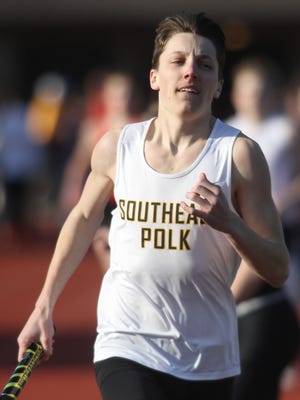 Southeast Polk's Drake Hanson runs the second leg of the 4x800-meter relay March 26 at the Simpson College High School Classic in Indianola.