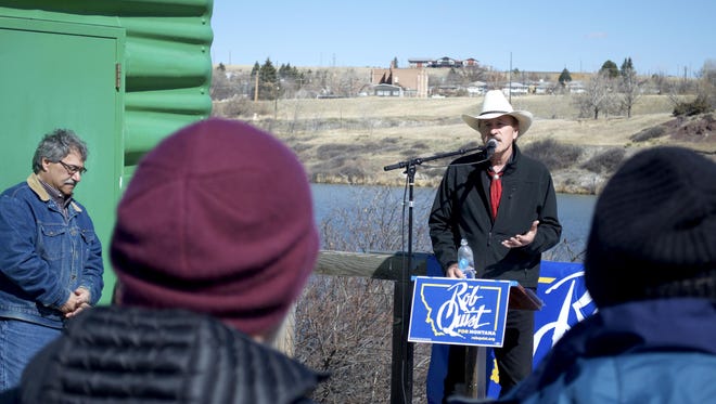 Rob Quist speaks at a public lands rally in Great Falls.