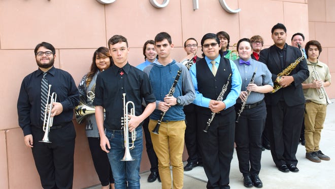 Del Mar College students selected for the 2016-2017 Texas Two-Year College All-State Band include, back row from left: Tlaloc Perales, trumpet; Susana Diaz-Lopez, French horn; Matthew Solis, French horn; Michael Solis, euphonium; Bradley Sosa, trombone; Jeremy Pansano, trombone. Front row from left: Jaden Byars, trumpet; Kevin Lopez, clarinet; Adrian Ramirez, oboe; Eloisa Sutphin, oboe; Rene Gomez, alto saxophone; Mikey Cantu, trumpet. In the back row, far right is Dr. Abel Saldivar Ramirez, band director at Del Mar College.