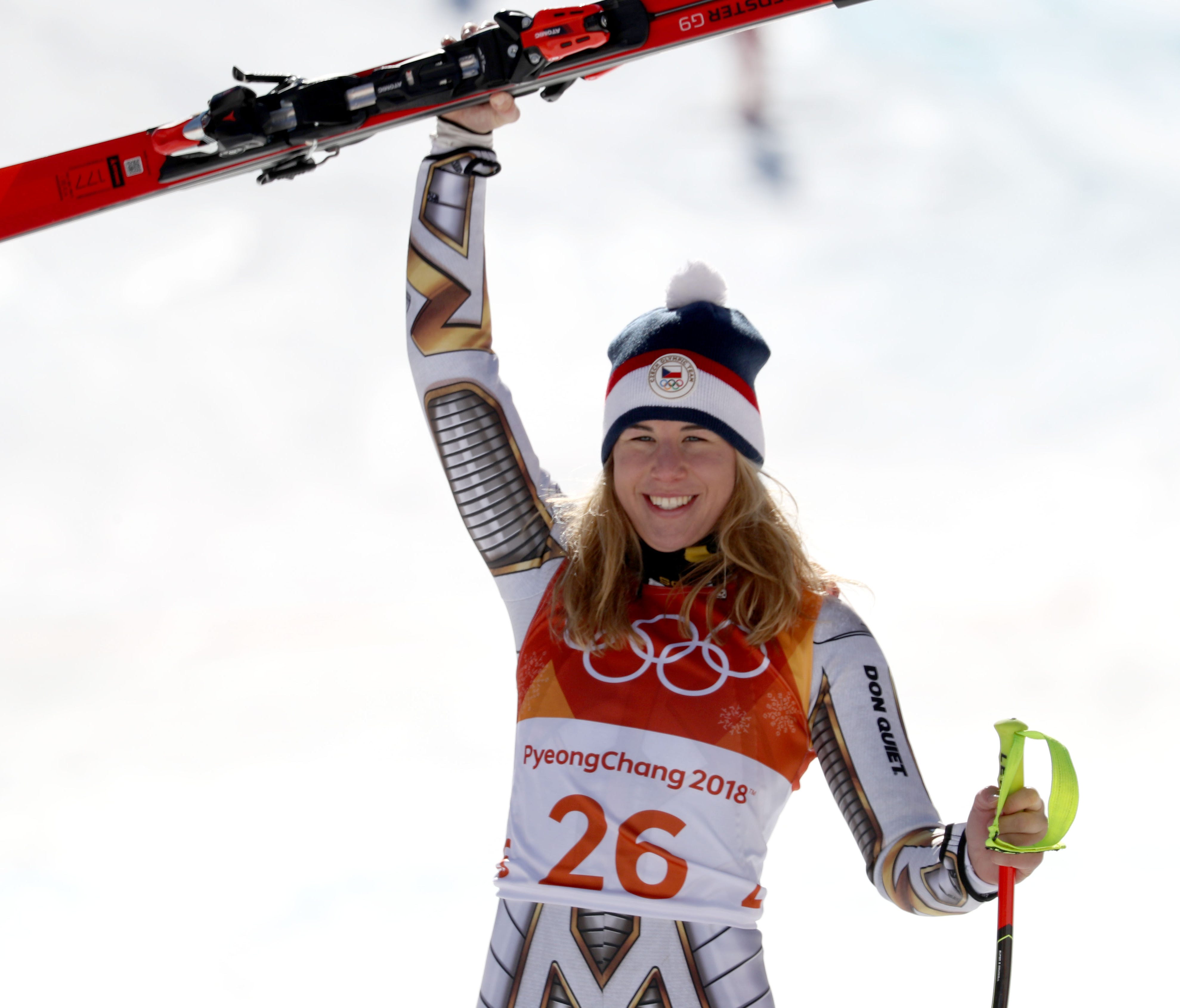 Feb 17, 2018; Pyeongchang, South Korea; Gold medal winner Ester Ledecka (CZE) reacts after competing in the alpine skiing Super-G event during the Pyeongchang 2018 Olympic Winter Games at Jeongseon Alpine Centre. Mandatory Credit: Jeff Swinger-USA TO