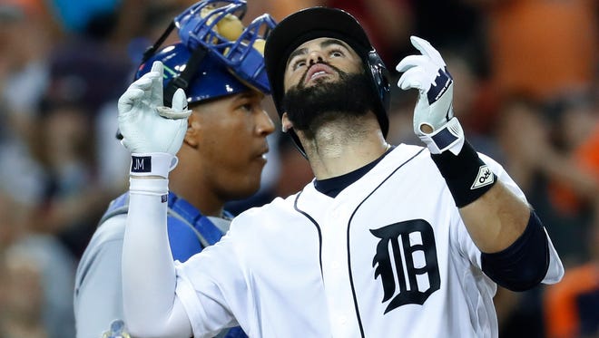 Tigers rightfielder J.D. Martinez celebrates his solo home run in the seventh inning of the Tigers' 3-1 loss Monday at Comerica Park.