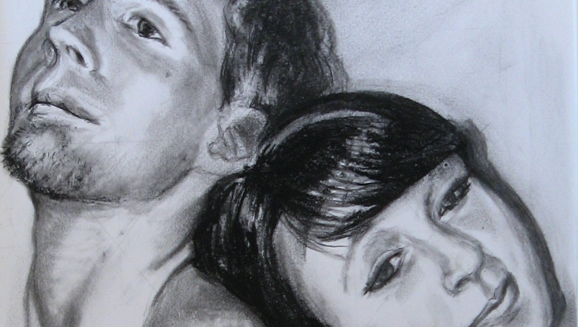 Sauk Rapids artist John Heckman made this sketch of figure models Erin Gerber (right) and Derek Spoden. Gerber said she decided to model at the Paramount Visual Arts Center to challenge her self-image.