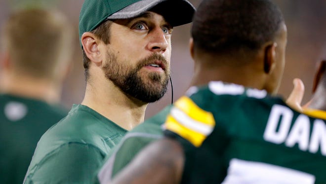 Green Bay Packers quarterback Aaron Rodgers (12) watches the game from the sidelines during the NFL pre-season game between the Green Bay Packers and Oakland Raiders, at Lambeau Field in Green Bay, Wisconsin, Thursday, August 18, 2016. Milwaukee Journal Sentinel