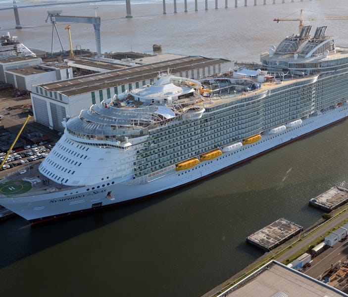 Royal Caribbean's Symphony of the Seas, shown here under construction in January 2018, will be the world's largest ship when it debuts in March.