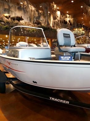 A V bottom aluminum bass boat at Bass Pro Shops on Monday, June 18, 2018. Shaped like a V from bow to stern, this typeof boat is taller, heavier and more stable in the water. They come in various lengths, from 16 to nearly 20 feet, with motors that range from 60 to 75 horsepower.