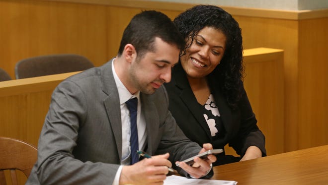 Judge Leticia Astacio with her attorney Mark Foti were back in court before Judge Stephen Aronson at the Hall of Justice in Rochester on Friday, April 27, 2018.