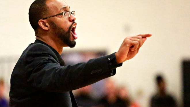 York High Head Coach Clovis Gallon directs his team as York High competes against Northeastern during boys' basketball action at Northeastern High School in Manchester, Wednesday, Jan. 10, 2018. Northeastern would win the game 75-53. Dawn J. Sagert photo