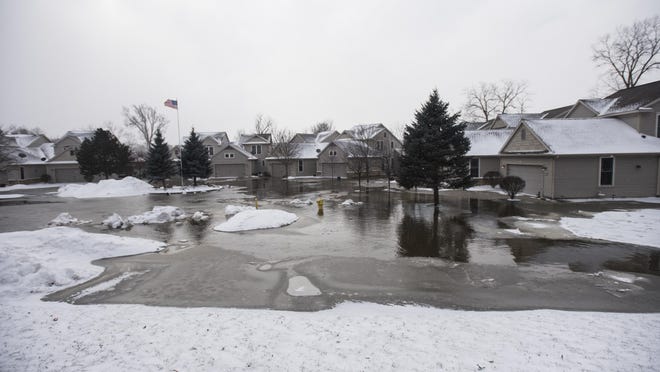 Homes near the mouth of the Looking Glass and Grand River are under water Friday, Feb. 8, 2019.
