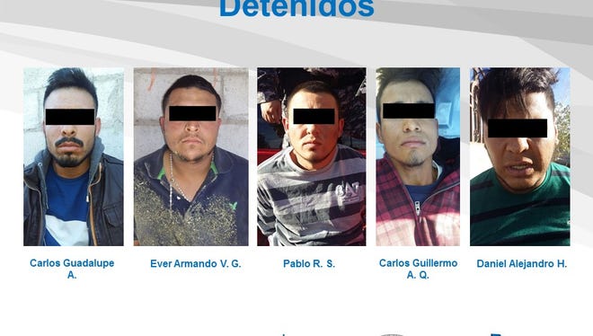 A Chihuahua attorney general's office image of five kidnapping suspects arrested in the Valley of Juárez.