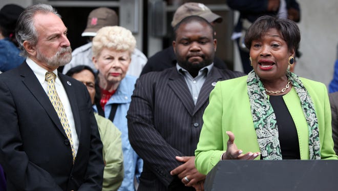 State Sen. Andrea Stewart-Cousins, D-Yonkers, the Democratic Conference leader, speaks during a June 5 news conference in Yonkers calling for the renewal and revision of expiring rent regulations.