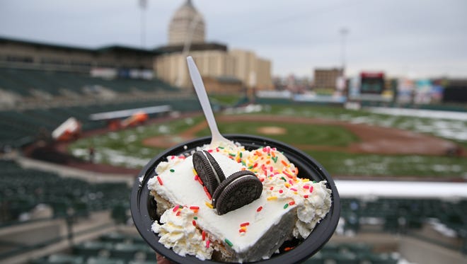 New foods at Frontier Field this season include cake, complete with ice cream, sprinkles and Oreo cookies.