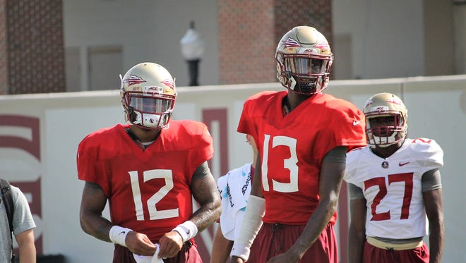FSU QB's Deondre Francois and James Blackman during a practice on Aug. 9, 2018.