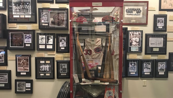 The Cincinnati Reds are featured heavily as the hometown team of the Green Diamond Gallery in Montgomery, Ohio. This is an authentic locker from Crosley Field filled with pieces of Reds memorabilia from a bygone time.