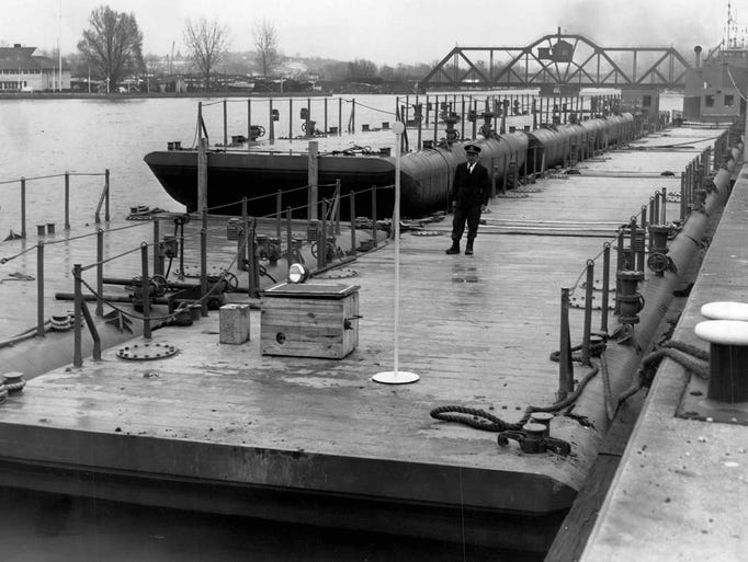 In this 1943 photo, barges built to serve the Army
