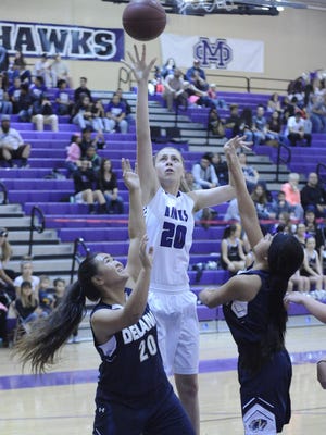 Mission Oak’s Isabella Avila gets a jump shot off against Delano in an East Yosemite League girls basketball game.