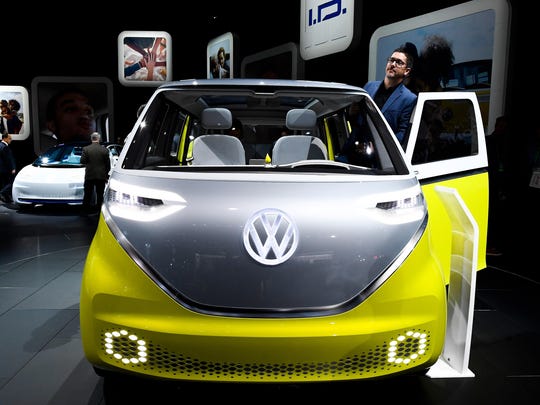 Volkswagen showed off their concept I.D. Buzz, a cross between the vintage VW Microbus and a 21st century EV vehicle at the Los Angeles Auto Show on Nov. 29, 2017.