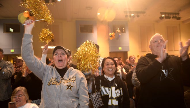 Vanderbilt fans cheer for head coach Derek Mason during a bowl celebration at the Student Life Center on campus on Sunday, Dec. 4, 2016.