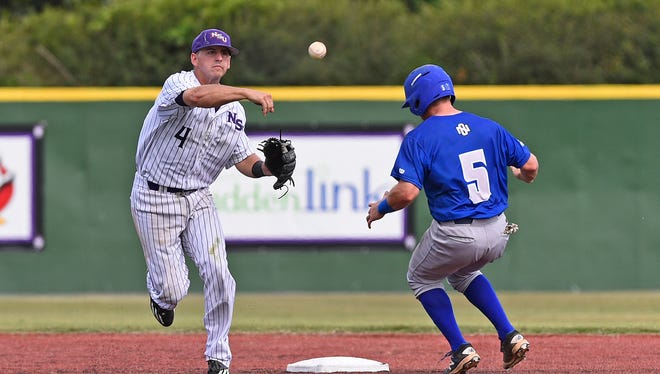 NSU's Spencer Goodwin attempts a throw to first base during the Demons' doubleheader loss to UNO Friday.