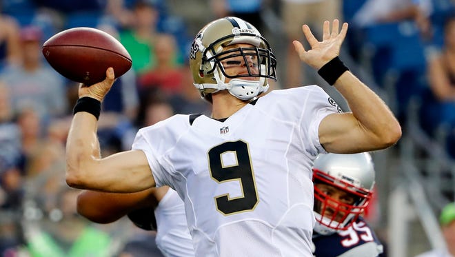 In this Aug. 11, 2016, file photo, New Orleans Saints quarterback Drew Brees passes during the first half of a preseason NFL football game against the New England Patriots in Foxborough, Mass. At 37, Brees’ skills do not appear diminished; he led the NFL in yards passing last season.
