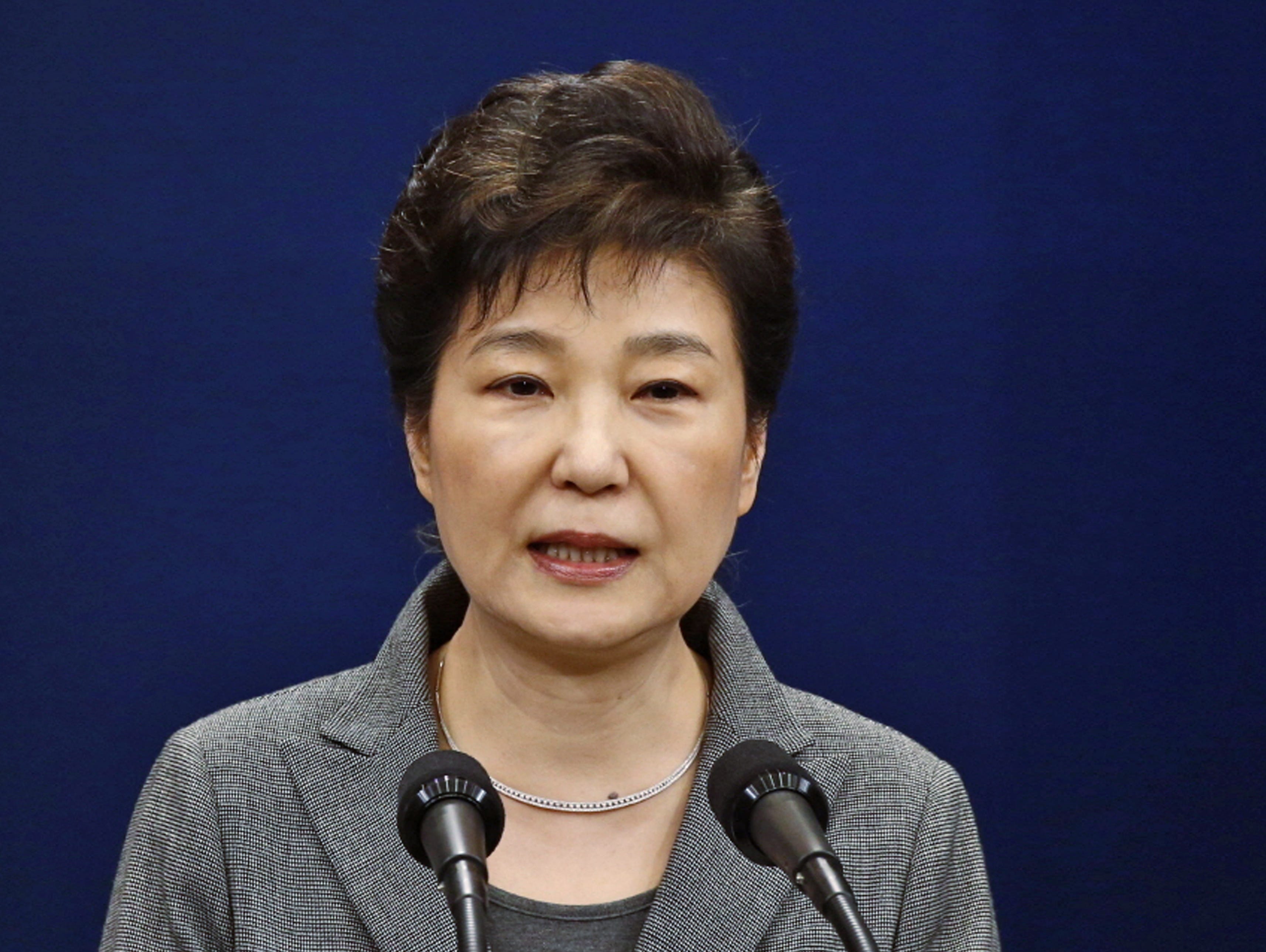 Park Geun-hye is pictured making a live televised address in Seoul, South Korea. South Korea's Constitutional Court ruled to formally end her presidency.