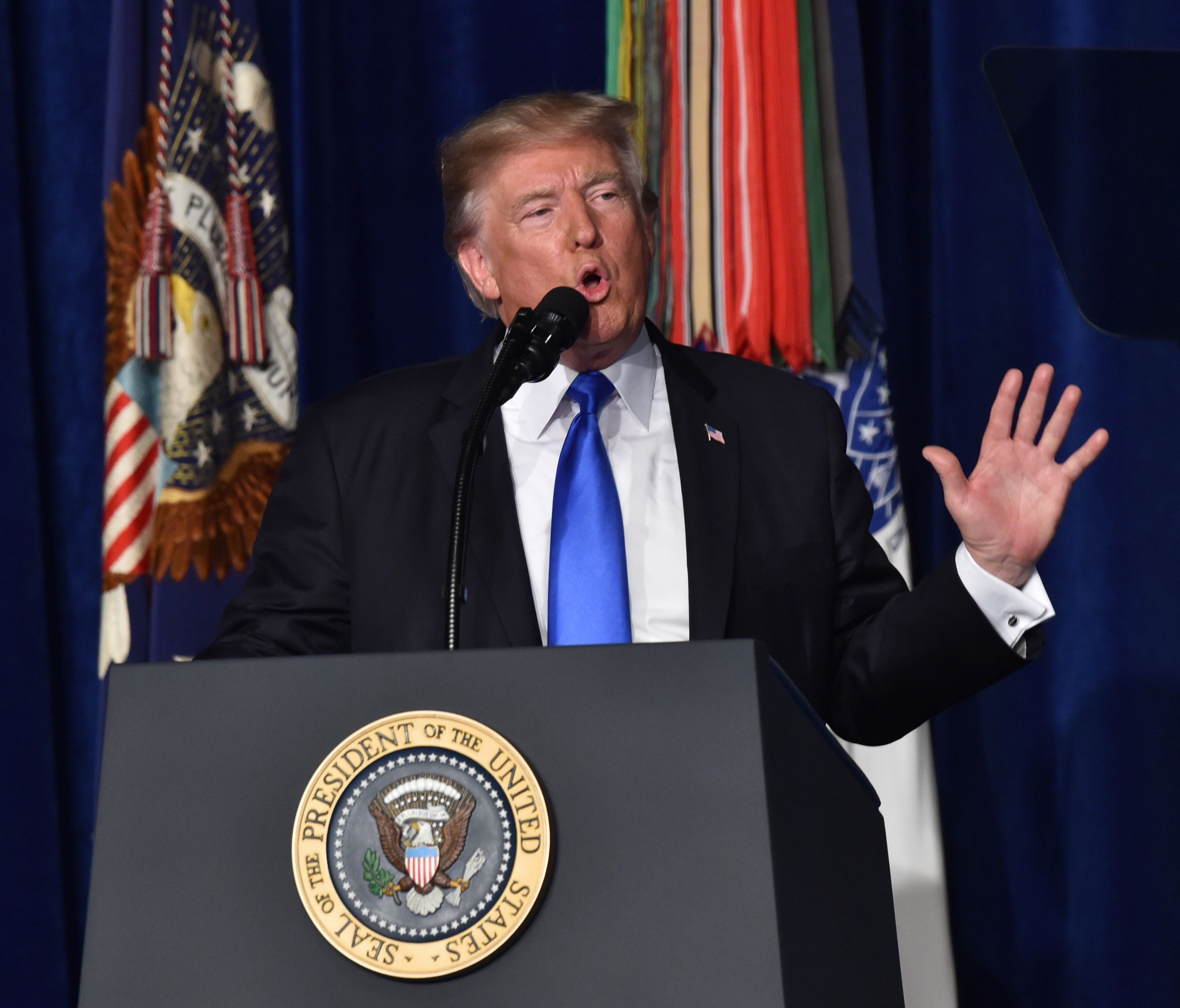 President Trump is pictured speaking during his address to the nation over the new U.S. military strategy in Afghanistan.