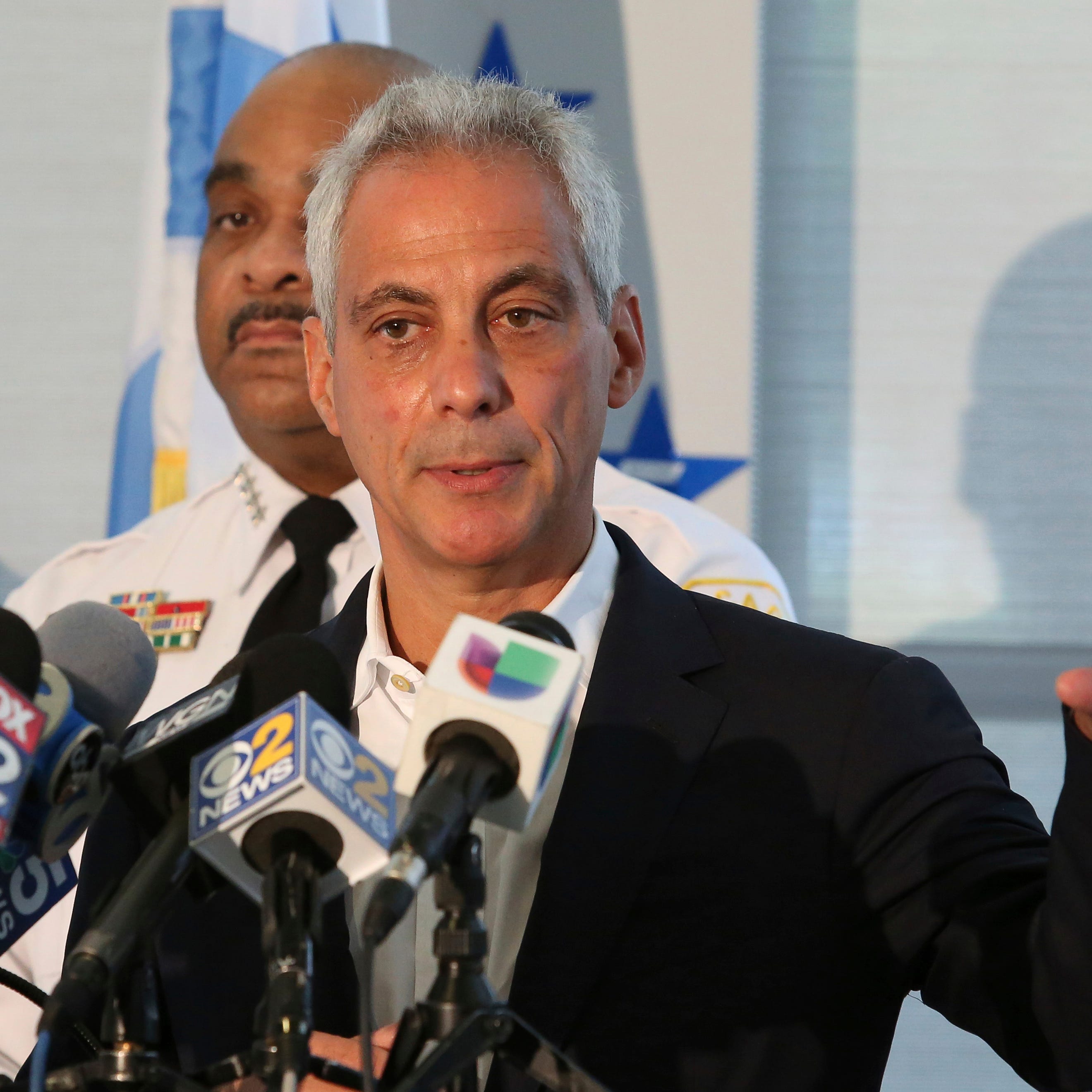 Chicago Mayor Rahm Emanuel speaks at a news conference accompanied by Police Superintendent Eddie Johnson, Monday, Aug. 6, 2018, in Chicago.