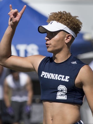 Pinnacle's Spencer Rattler calls a play, May 27, 2017, during the Nike 7 on 7 HS passing tournament at the Scottsdale Sports Complex, 8081 E. Princess Dr., Scottsdale.