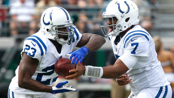 Frank Gore (23) and Jacoby Brissett lead the Colts into Buffalo Sunday.