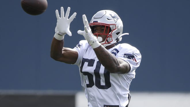 Patriots wide receiver N'Keal Harry makes a catch during  practice at training camp on Aug. 1, 2019. The second-year wideout got in some work with Cam Newton, who recently signed a contract to join the Patriots.