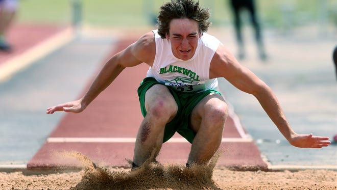 Blackwell’s Hunter Clark competes in the boys long jump at the UIL Region II-1A Championship Track and Field Meet at Angelo State on Friday, April 28, 2017.