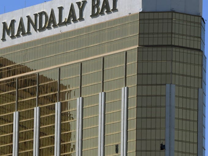 The damaged windows on the 32nd floor room that was used by the shooter in the Mandalay Hotel in Las Vegas on Oct. 2, 2017.