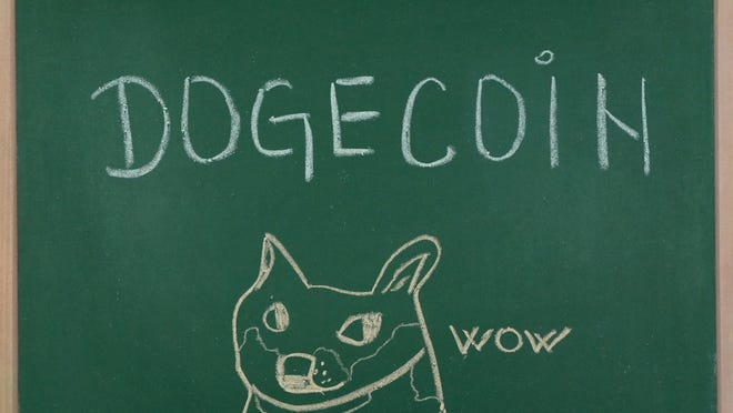 Dogecoin written on a chalkboard with a picture of a dog saying wow.