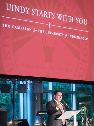 University of Indianapolis President Rob Manuel spoke at the Indianapolis Museum of Art on Friday, Oct. 2, 2015, as UIndy launched a five-year, $50-million fundraising campaign. UIndy also announced the founding of a poverty research institute.