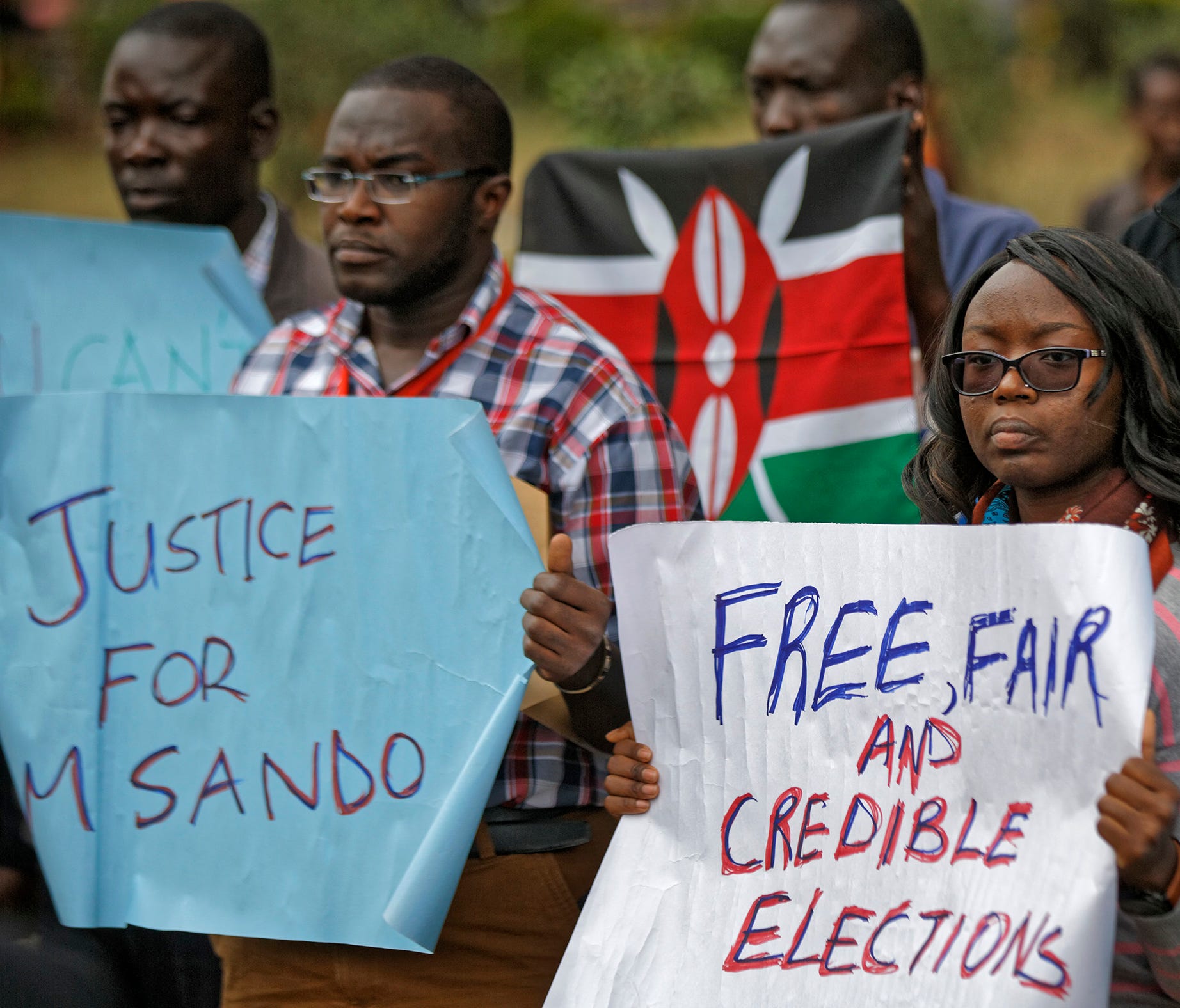Kenyans protest the killing of electoral commission information technology manager Christopher Msando ahead of the presidential election at a demonstration in downtown Nairobi on  Aug. 1, 2017.