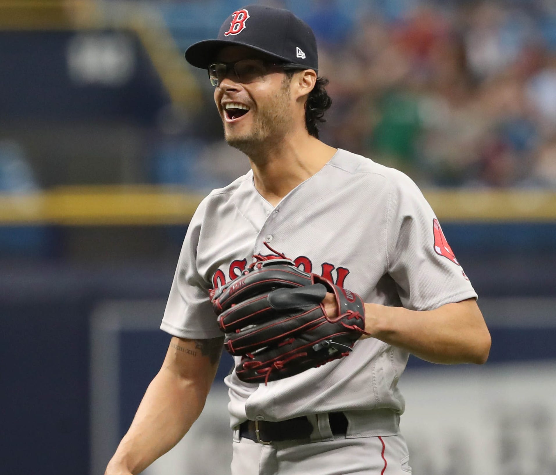 Apr 1, 2018; St. Petersburg, FL, USA; Boston Red Sox relief pitcher Joe Kelly (56) celebrates after getting the last out of the ninth inning to beat the Tampa Bay Rays at Tropicana Field. Mandatory Credit: Kim Klement-USA TODAY Sports ORG XMIT: USATS