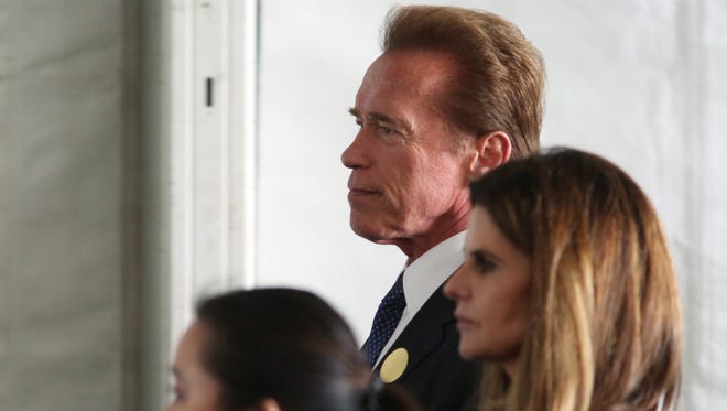 Former Governor Arnold Schwarzenegger and wife Maria Shriver wait to pay their respects to Nancy Reagan after the funeral service at the Ronald Reagan Presidential Library on Friday, March 11, 2016 in Simi Valley, Calif.