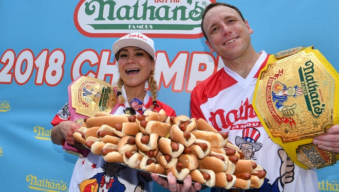 On July 4th 2018 In Coney Island ,Brooklyn, the annual Nathan's Hot Dog eating contest yielded two winners,  defending champions Joey "Jaws" Chestnut and  Miki Sudo. Chestnut set a new world record by downing 74 hot dos and buns in 10 minutes, 
Miki Sudo won with 37 hot dogs and buns in 10 minutes.

ChestnutÕs won his 11th Mustard Yellow Belt, however, the contest was marked with controversy when the official tally and him at 64 dogs and buns despite his insisting afterwards that he had downed 74. A judgeÕs recount found that he had indeed ate more wieners than initially thought. The television counter clocked 64 dogs and buns, while the recount found he had actually eaten 74. Judges apparently didnÕt see that Chestnut was eating off two plates. The 34-year-old competitive eater ran away with the lead early in the 10-minute contest, gobbling 20 franks and buns with less than three minutes in. Carmen Cincotti (25) was second after devouring 64 hot dogs. Darron Breeden (29) came in third with 43.
In the women's competition, Reigning NathanÕs Famous Hot Dog Eating Contest champion Miki Sudo picked up her fifth consecutive belt Wednesday, downing 37 franks and buns amid scorching temperatures and stifling humidity. Michelle Lesco from Tuscon, Arizona, came in second place, with28 hot dogs and buns, while Maryland mom of two Juliet Lee placed third with 25.