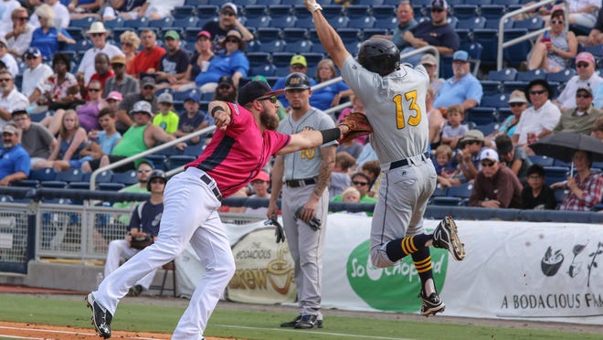 Pensacola first baseman Kyle Parker tags out Montgomery's Cade Gotta Sunday afternoon at Blue Wahoos Stadium.