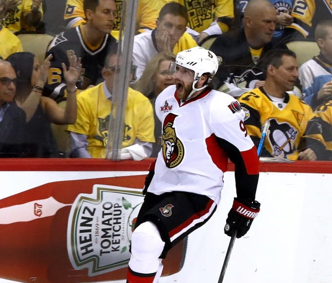 Ottawa Senators forward Bobby Ryan celebrates after scoring the overtime-winning goal in Game 1 against the Pittsburgh Penguins.