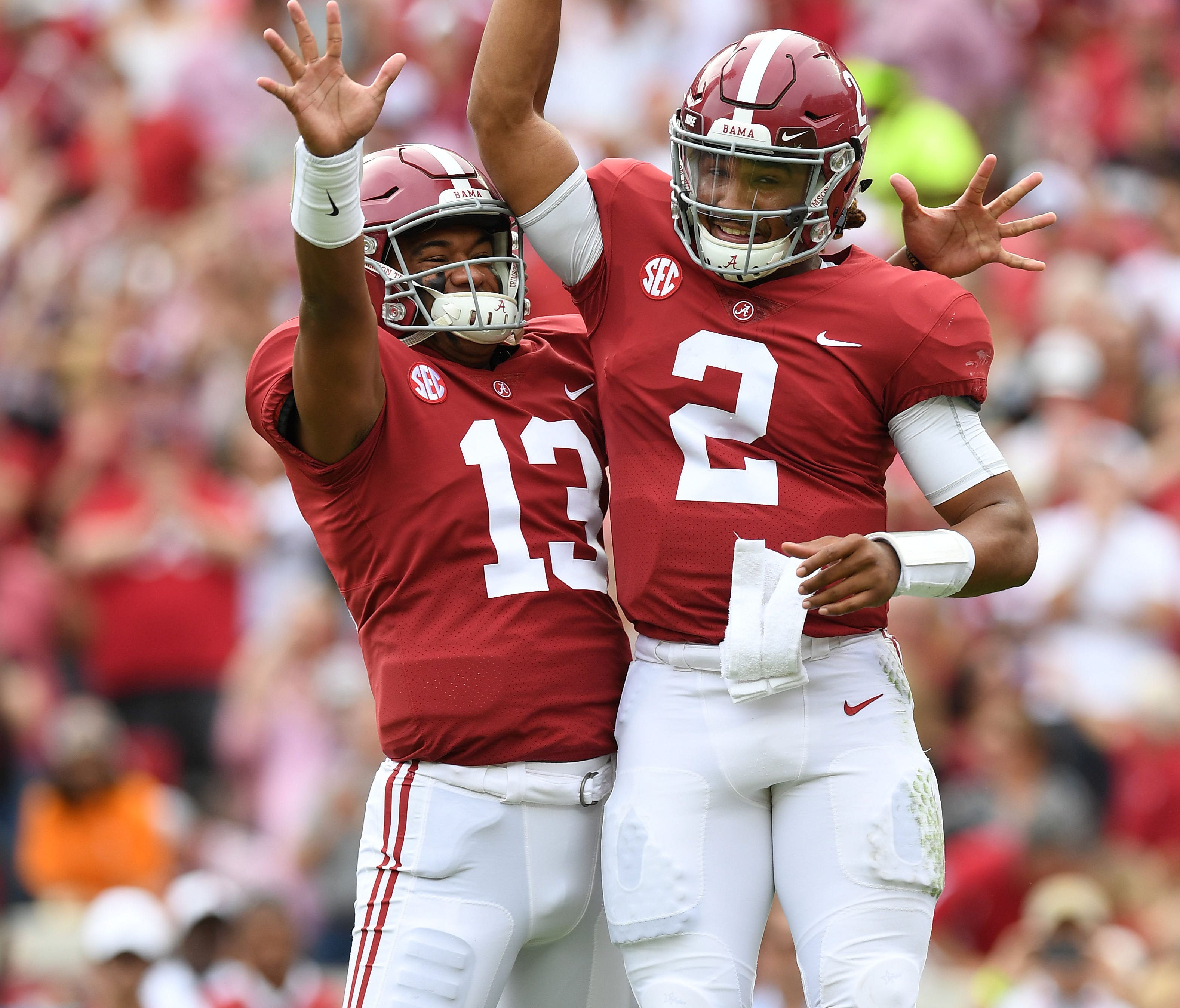 Alabama quarterback Jalen Hurts (2) celebrates a touchdown against Tennessee with Tua Tagovailoa during their game in 2017.