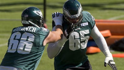 Lane Johnson, shown during training camp last summer, is working at left tackle this week as Jason Peters deals with a back injury.
