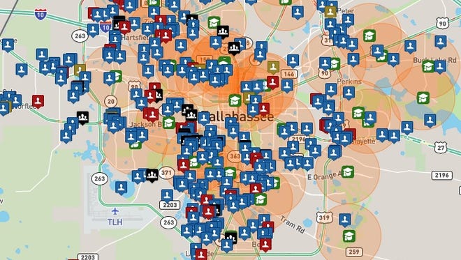 A visual, interactive map on the Tallahassee Democrat website allows users to view how many registered sex offenders and predators live near Leon County Schools.