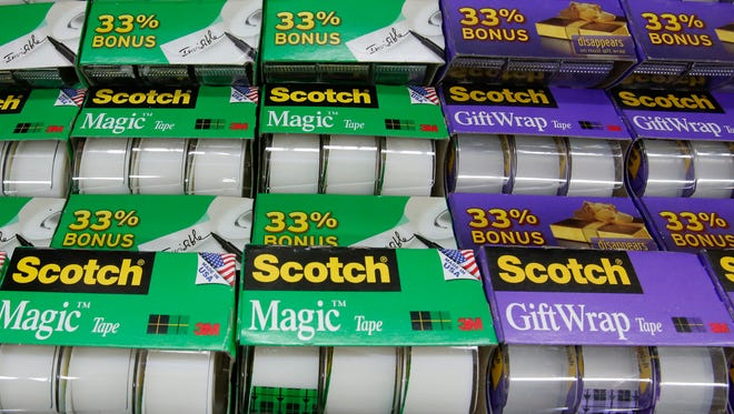 Rolls of Scotch tape, a 3M brand, are displayed in a Walmart store in Robinson Township near Pittsburgh.