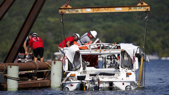 In this July 23, 2018, file photo the duck boat that sank on July 19 in Table Rock Lake in Branson, Mo., is raised.