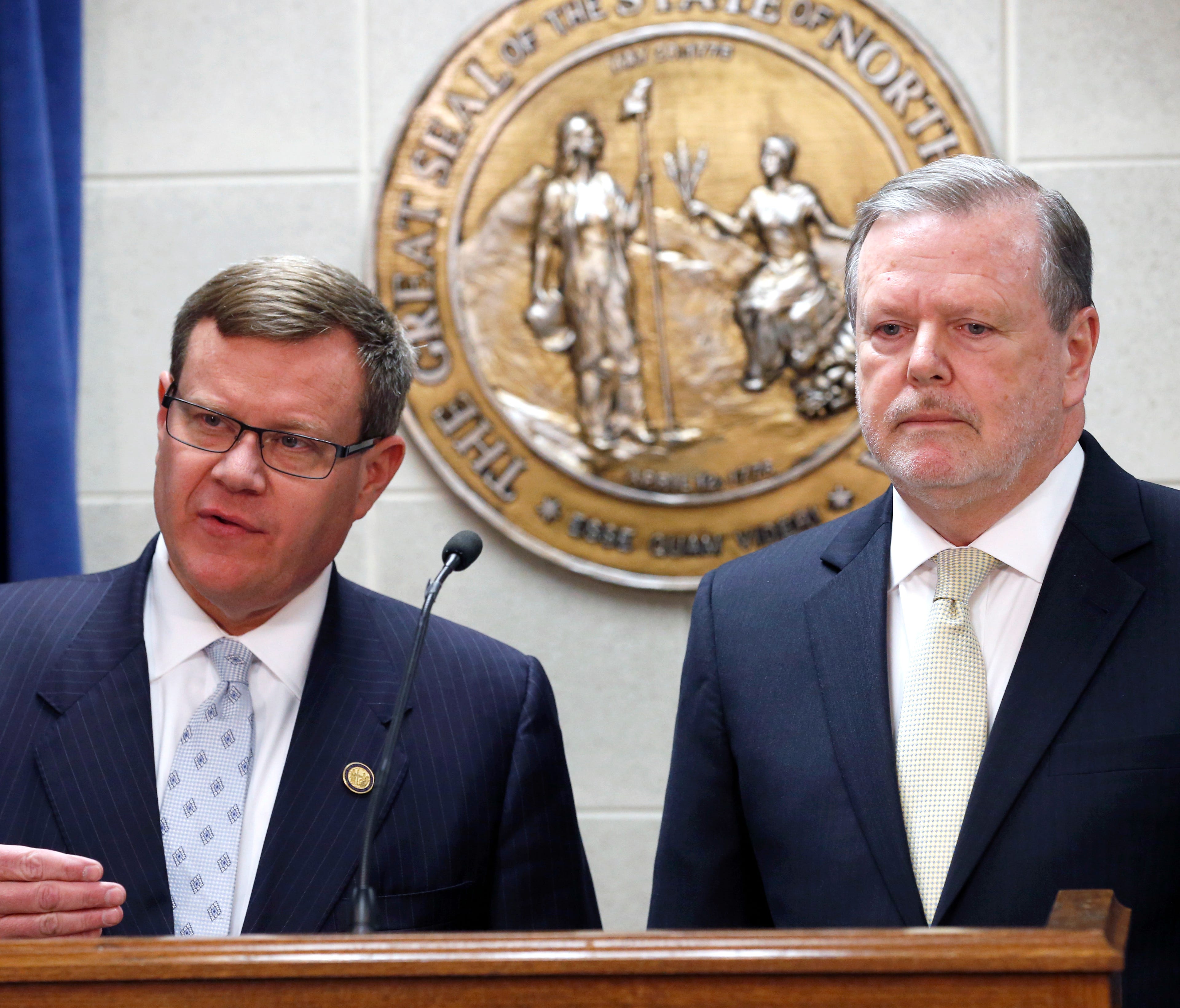 Republican leaders Rep. Tim Moore, left, and Sen. Phil Berger, hold a news conference in Raleigh, N.C. March 28, 2017.
