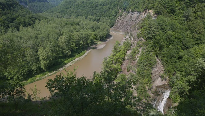 The view down into the gorge, and the Genesee River, and Shower Curtain Falls at right, as seen from the Tea Table overlook area in Letchworth State Park.