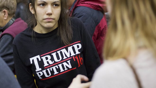 "Trump Putin '16" shirt at a Donald Trump event, Feb. 7, 2016, in Plymouth, N.H.