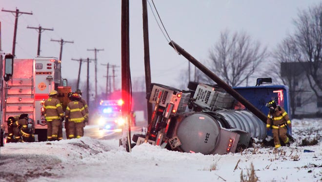 A semi tanker truck overturned on Ohio 510 N. of Township Road 223 near Clyde Monday.