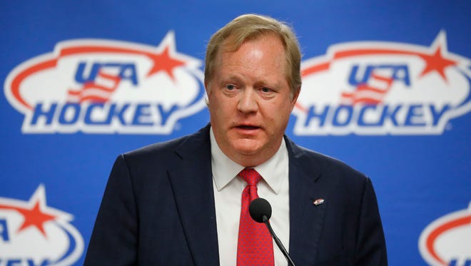 Jim Johannson speaks during a news conference in Plymouth, Mich., on Aug. 4, 2017. Johannson, the general manager of the U.S. Olympic mens hockey team, has died just a couple of weeks before the start of the Pyeongchang Games.