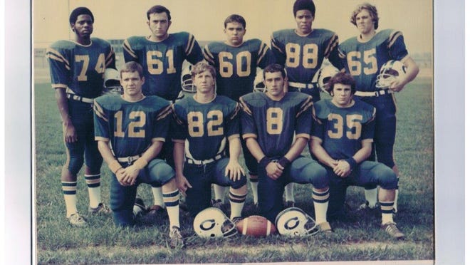 
This group of top performers on the 1974 Carencro High Bears held the current program’s best record of 4-5-1 until the 1986 team broke through with a winning season. They are, from left: (standing) Alfred Senegal, Bryan Benoit, Joe Guidry, Harry Livings, Steve Drouant; (kneeling) Matt Murray, Karl Schexnayder, Tony Arnaud and Keith Weber.
